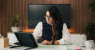 Buy stock photo Serious, tablet and woman in office, investor or email for fraud alert, fail audit report or app. Person, payroll mistake or financial advisor in workplace, tech or online reading for trade review