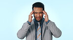 Headache, stress and businessman in studio with burnout, fatigue or mistake in finance career. Exhaustion, professional and financial manager with migraine for investment crisis by white background.