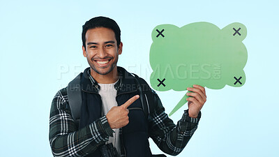 Buy stock photo Happy man, portrait or traveler pointing with speech bubble for sightseeing on a studio background. Male person, hiker or explorer with icon, shape or mockup space for travel, trip or adventure tips