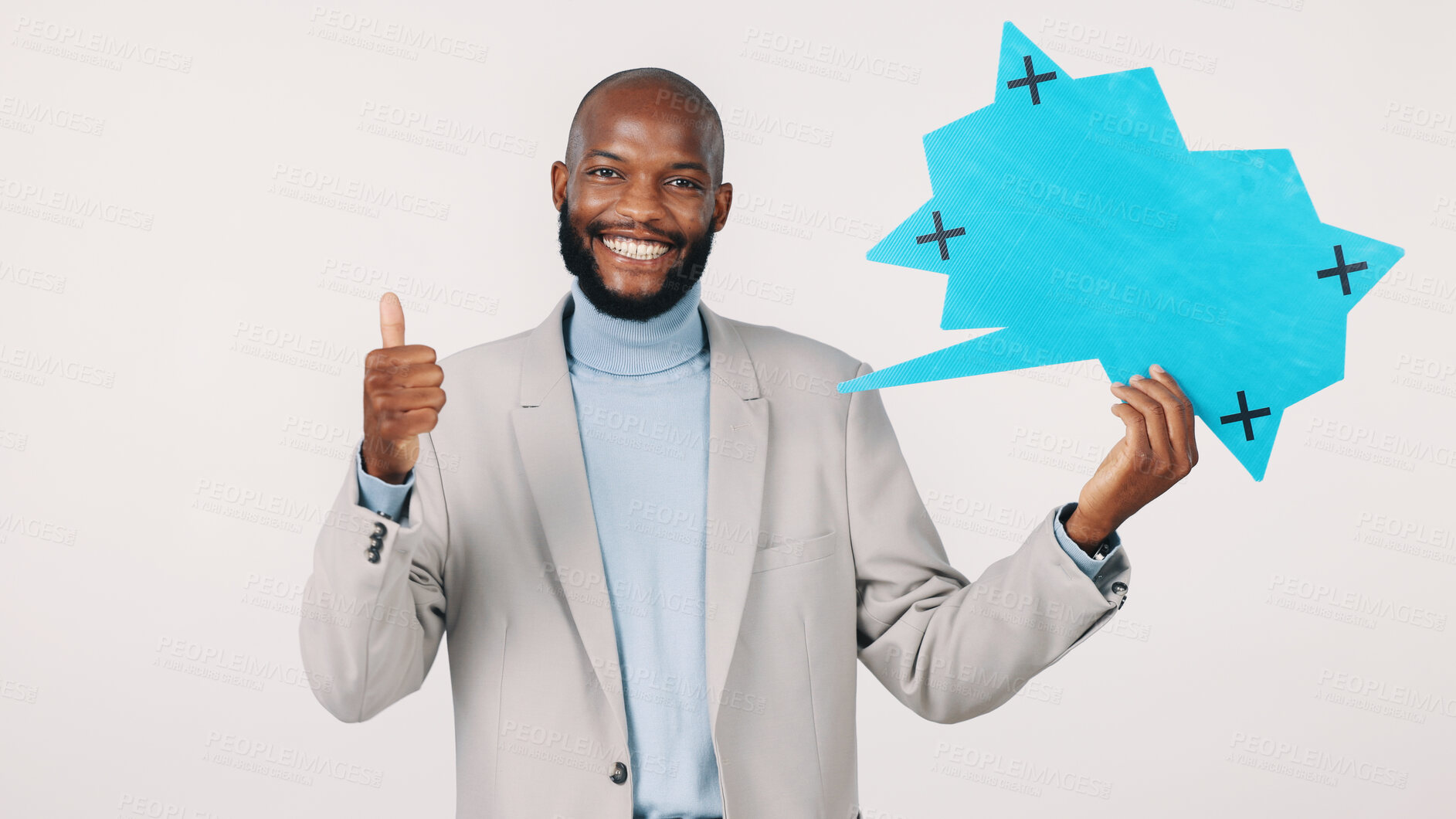 Buy stock photo Black man, portrait and speech bubble with thumbs up in studio for business on a white background. Businessman, employee or smile with like emoji, yes sign or icon for social media on mockup space