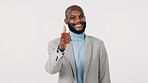 Thumbs up, happy and portrait of black man in studio with agreement, approval or vote for finance career. Smile, professional and financial manager with yes hand gesture for job by white background.