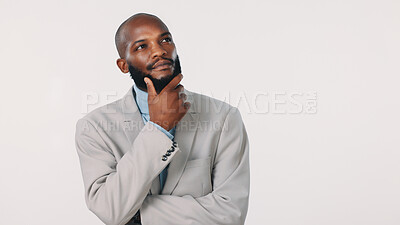 Buy stock photo Thinking, professional and business with black man in studio for problem solving, idea and vision. Reflection, decision and option with person on white background for mindset and brainstorming