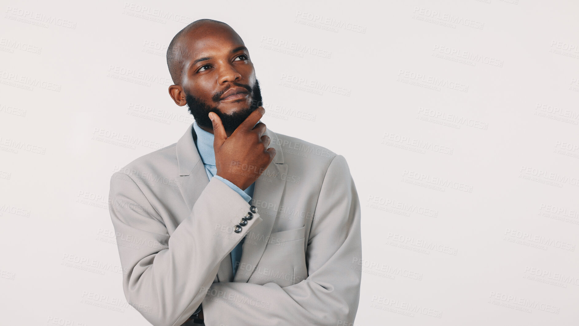 Buy stock photo Thinking, professional and business with black man in studio for problem solving, idea and vision. Reflection, decision and option with person on white background for mindset and brainstorming