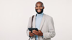 Tablet, happy and portrait of black man in studio with confidence for finance career growth. Smile, digital technology and African financial manager with pride for job opportunity by white background