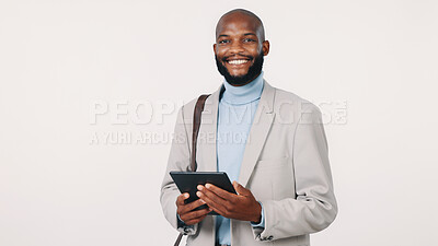 Buy stock photo Tablet, happy and portrait of black man in studio with confidence for finance career growth. Smile, digital technology and African financial manager with pride for job opportunity by white background
