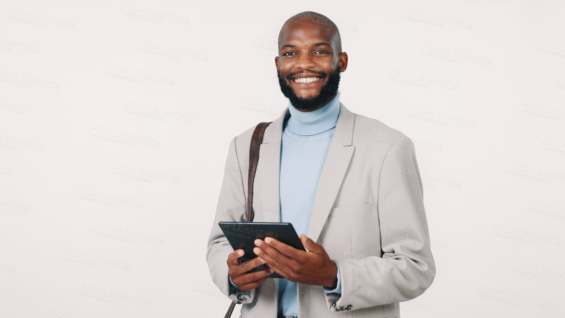 Buy stock photo Tablet, happy and portrait of black man in studio with confidence for finance career growth. Smile, digital technology and African financial manager with pride for job opportunity by white background