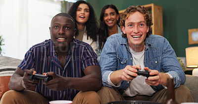 Buy stock photo Happy people, video games or playing with controller on sofa for entertainment or online match. Men, women or friends with smile or competition for console gaming or fun esports challenge in house