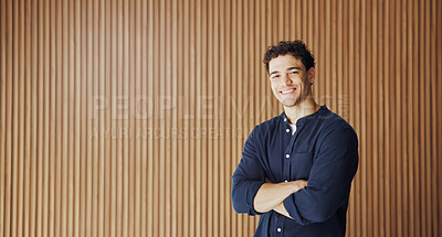 Buy stock photo Portrait, journalist and man with arms crossed in office for creative with opportunity, about us and ambition. Confident, reporter and happy person with smile for career development, media and space