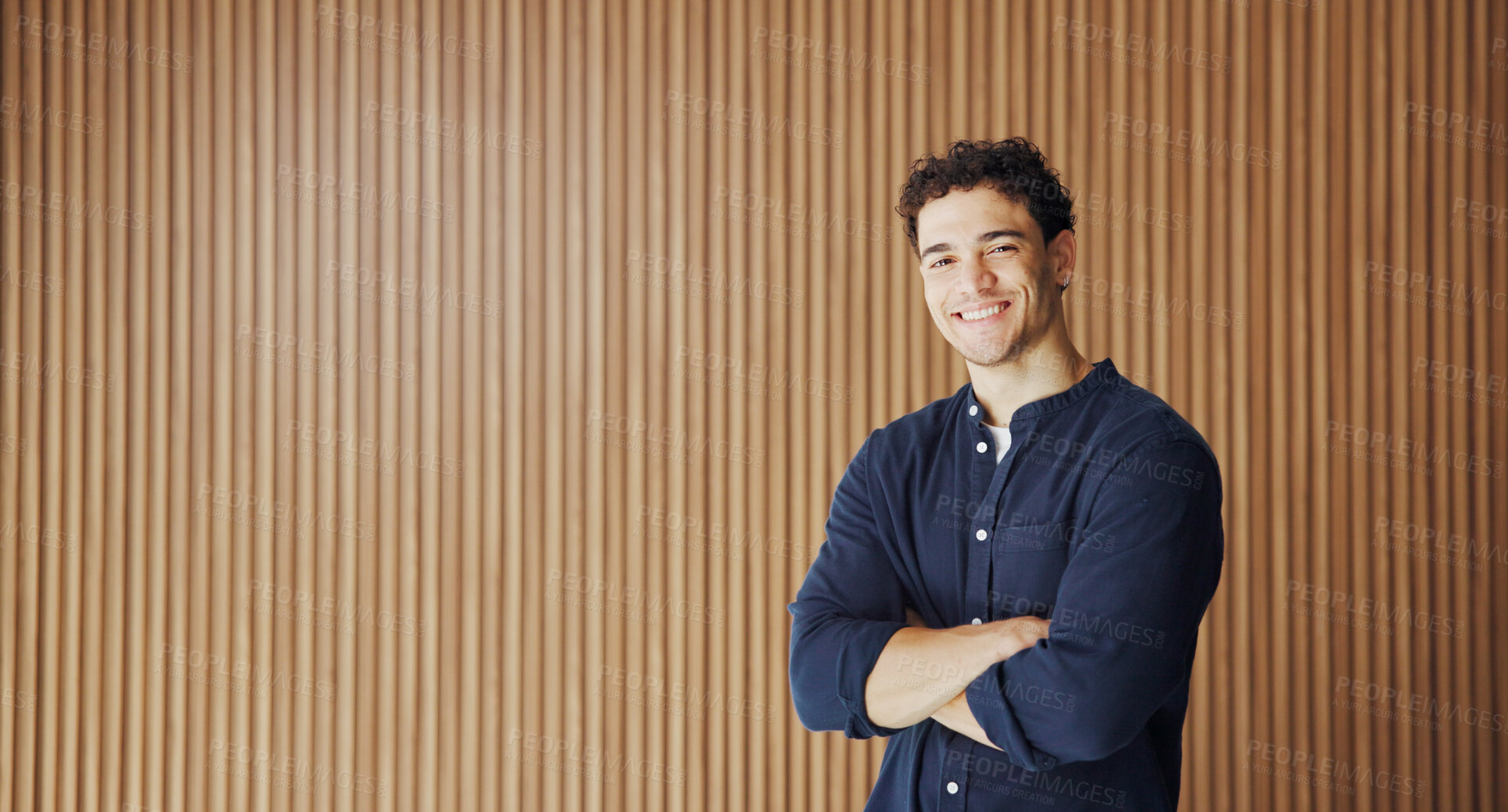 Buy stock photo Portrait, journalist and man with arms crossed in office for creative with opportunity, about us and ambition. Confident, reporter and happy person with smile for career development, media and space