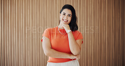 Buy stock photo Portrait, creative and woman with smile in office for journalist with opportunity, about us and ambition. Confident, reporter and happy person with agency for career development, media and space