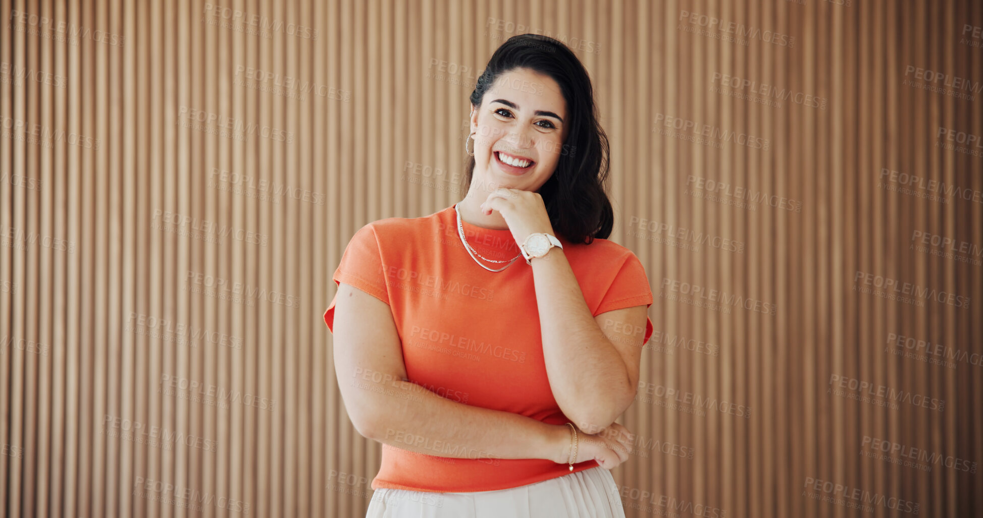 Buy stock photo Portrait, creative and woman with smile in office for journalist with opportunity, about us and ambition. Confident, reporter and happy person with agency for career development, media and space