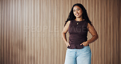 Buy stock photo Portrait, creative and woman with space in office for journalist with opportunity, about us and ambition. Confident, reporter and happy person with agency for career development, media and mockup