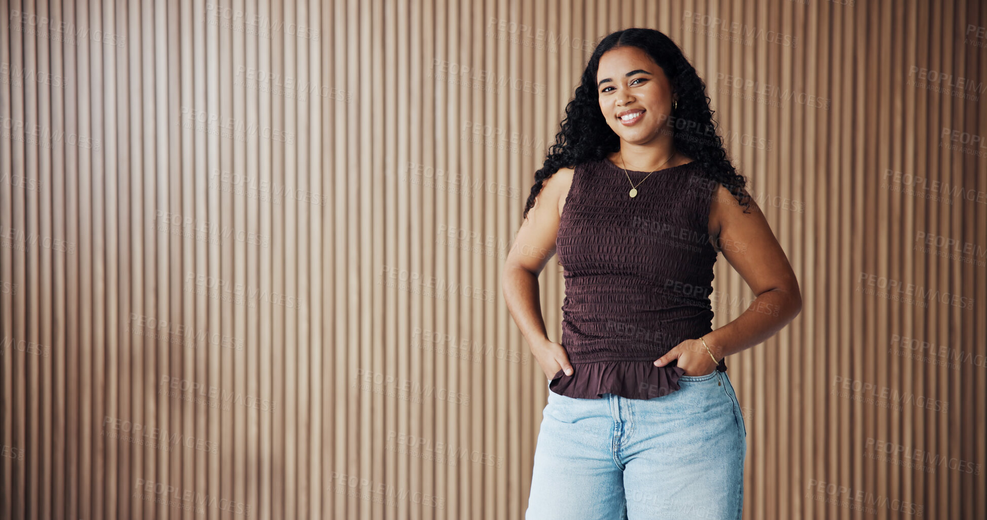 Buy stock photo Portrait, creative and woman with space in office for journalist with opportunity, about us and ambition. Confident, reporter and happy person with agency for career development, media and mockup