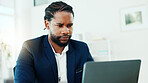 Concern, black man and business with laptop in office for bad news, accounting and finance mistake. Frustrated, person and tech for website glitch, bookkeeping issue and audit or review disaster