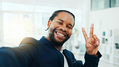Buy stock photo Portrait, business and black man with selfie in office for photography, social media and post. Smile, person and peace sign for profile picture update, corporate blog and positive attitude for memory