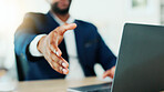 Handshake, hands and business man with laptop for onboarding, recruitment and agreement. Office, corporate and pov of person with gesture for partnership, thank you and welcome with hiring manager