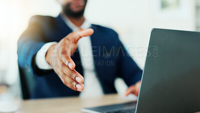 Buy stock photo Handshake, offer and business man with laptop for onboarding, recruitment and agreement. Office, corporate and POV of person with gesture for partnership, thank you and welcome with hiring manager