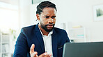 Confused, black man and business with laptop in office for bad news, accounting and finance mistake. Frustrated, person and tech for website glitch, bookkeeping issue and audit or review disaster