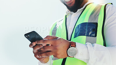Buy stock photo Phone, man and hands of construction worker on site with texting, email or contact for feedback. Technology, typing and male civil engineer with cellphone for advice on building proposal outdoor.