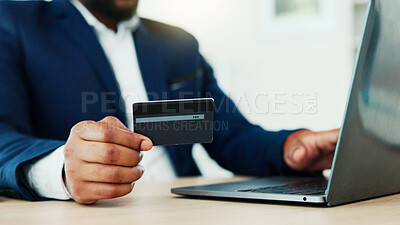 Buy stock photo Credit card, hands and business person with laptop for fintech, password and online transaction. Typing, investor and man in office for banking, purchase or payment for ecommerce and procurement