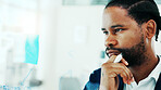 Reflection, decision and black man in office for planning, finance or investment for project. Glass wall, thinking and financial manager with choice for business, career development or opportunity