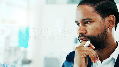 Buy stock photo Reflection, glass wall and black man in office for planning, finance or investment for project. Decision, thinking and financial manager with choice for business, career development or opportunity