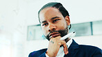 Thinking, decision and black man in office for planning, finance or investment for project. Glass wall, reflection and financial manager with choice for business, career development or opportunity