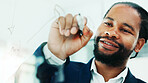 Reflection, writing and black man in office for planning, finance or investment for project. Glass wall, thinking and financial manager with choice for business, career development or opportunity