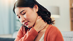 Neck pain, stress and woman on sofa with injury for fibromyalgia, osteoporosis and inflammation. Home, massage and person on couch with strain, muscle tension and ache with pressure in living room