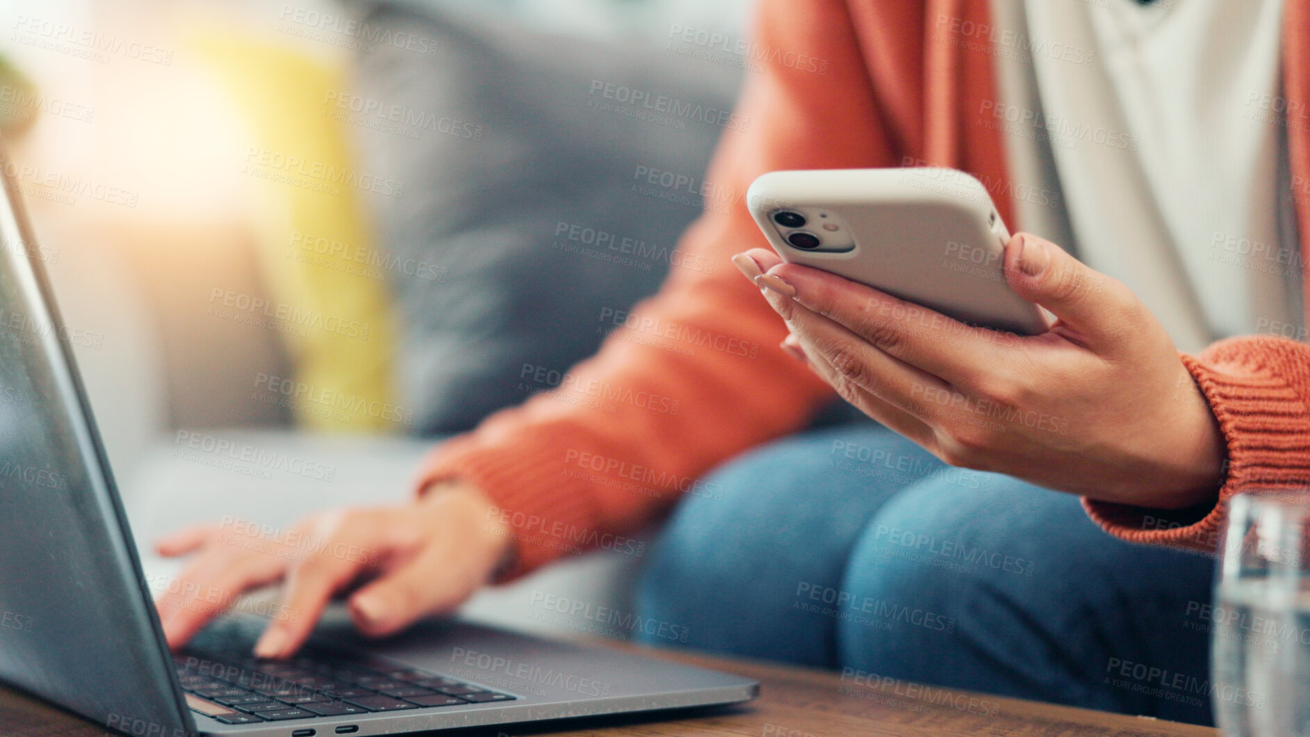 Buy stock photo Hands, student and phone with laptop at house for research, education and university application. Person, mobile and pc with website for online enrollment, college schedule and admission requirements