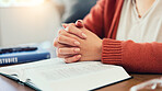 Paying, bible and hands of woman home for religion, worship and belief for routine with book. Christianity, religious and person in prayer for peace, blessings and gratitude for learning holy script