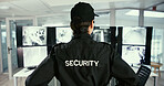 Back, woman or security guard in control room for video surveillance, observation or safety compliance. Law enforcement, officer or person in workplace for crime prevention, monitor CCTV and footage.