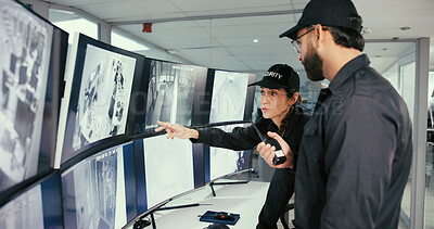 Buy stock photo Security, control room and team with radio by monitor for communication, surveillance or report. Safety officer, computer screen and people point or talk about breach, property inspection or dispatch