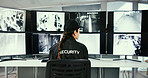 Back, woman and security guard in control room for surveillance, observation or safety compliance. Law enforcement, officer or person in workplace for crime prevention, monitor CCTV or video footage.