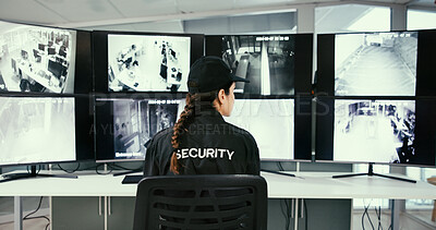 Buy stock photo Back, woman and security guard in control room for surveillance, observation or safety compliance. Law enforcement, officer or person in workplace for crime prevention, monitor CCTV or video footage.