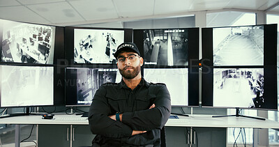 Buy stock photo Man, security guard and arms crossed in control room with monitor, glasses and confidence for job. Person, surveillance officer and pride in portrait, screen and crime prevention career in Mexico