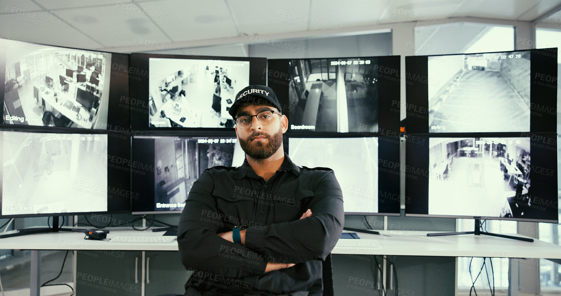 Buy stock photo Man, security guard and arms crossed in control room with monitor, glasses and confidence for job. Person, surveillance officer and pride in portrait, screen and crime prevention career in Mexico