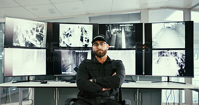 Buy stock photo Security guard, monitor or man with arms crossed for portrait, camera surveillance or crime prevention. Serious, computer screen or safety officer with cctv in control room, pride or protect property