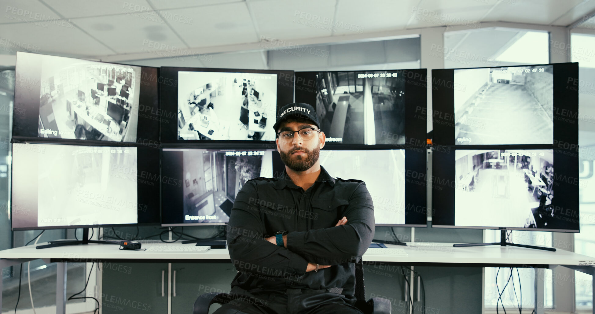 Buy stock photo Security guard, monitor or man with arms crossed for portrait, camera surveillance or crime prevention. Serious, computer screen or safety officer with cctv in control room, pride or protect property