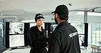 Man, woman and security guard with handshake in control room for introduction, screen and onboarding. People, team and shaking hands for safety, surveillance and recruitment for crime prevention job