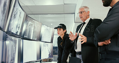 Buy stock photo Monitor, manager or security guard with discussion in control room, check footage or cctv blind spot. Computer screen, surveillance team or meeting for building safety, response protocol or people
