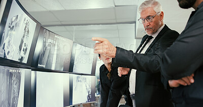 Buy stock photo Monitor, manager or security guard with planning in control room, video footage or check cctv blind spot. Computer screen, team or people talk for surveillance weak point, building safety or pointing