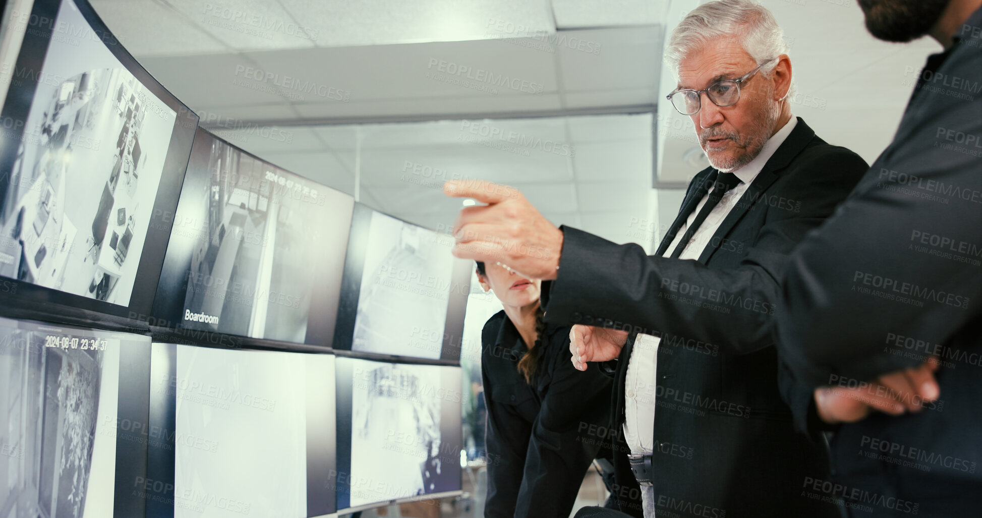 Buy stock photo Monitor, manager or security guard with planning in control room, video footage or check cctv blind spot. Computer screen, team or people talk for surveillance weak point, building safety or pointing