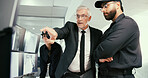 Computer, manager or security guard with planning in control room, video footage or check cctv blind spot. Monitor screen, team or people talk for surveillance weak point, building safety or pointing