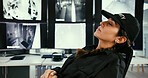 Sleeping, security and tired woman in control room with fatigue, narcolepsy or slacker. Female guard, nap and workplace with burnout by computer surveillance, screen or technology for safety on shift