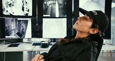 Buy stock photo Sleeping, security and tired woman in control room with fatigue, narcolepsy or slacker. Female guard, nap and workplace with burnout by computer surveillance, screen or technology for safety on shift