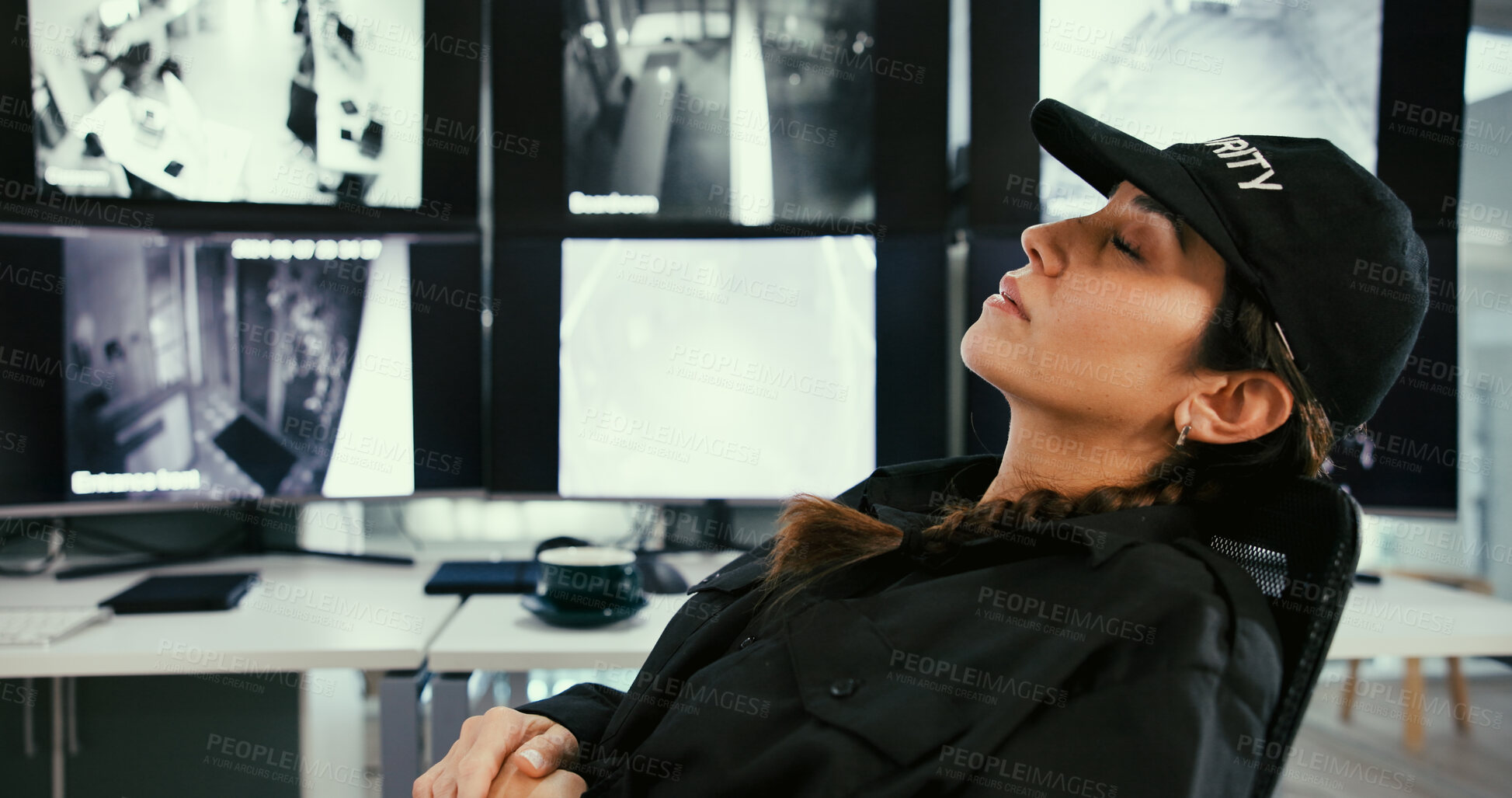 Buy stock photo Sleeping, security and tired woman in control room with fatigue, narcolepsy or slacker. Female guard, nap and workplace with burnout by computer surveillance, screen or technology for safety on shift