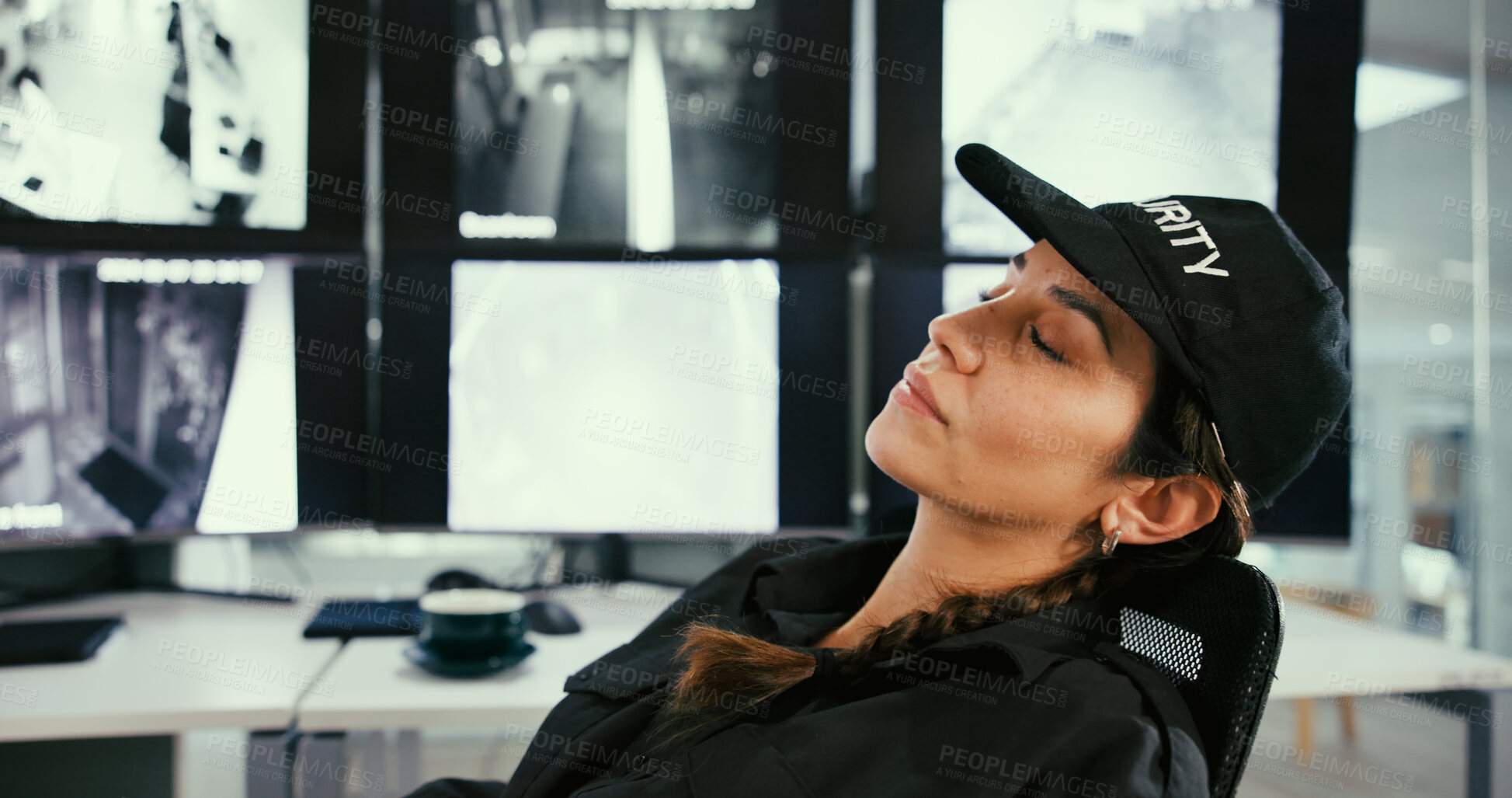 Buy stock photo Sleeping, security and woman in control room with fatigue, narcolepsy and slacker by surveillance. Female guard, nap and workplace with burnout by computer, screen or technology for safety on shift