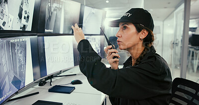 Buy stock photo Security guard, woman and computer in control room, walkie talkie and inspection. Employee, safety officer and person in workplace, radio and monitor for building protection, camera and communication