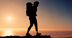Outdoor, hiking and woman on mountain for adventure, mockup space and backpacker with prosthetic leg. Sky, sunset and person with disability in nature, silhouette and trekking on holiday and explore